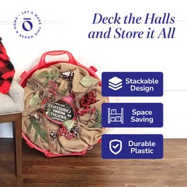 HOMZ 3-Pack Seasonal Holiday Decorative Wreath Storage Organizer, 24 Inch, Red & Clear - Round Plastic Christmas Decoration Holder for Wreaths and Garlands w/ 4-Way Latches Built-In Handle