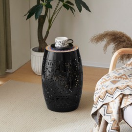 Christopher Knight Home Outdoor Side Table,Lace Cut Iron Side Table,Patio Garden Stool Coffee End Table,Round Hollow Drum Side Table,Metal Decorative Garden Stool for Patio, or Balcony,Black