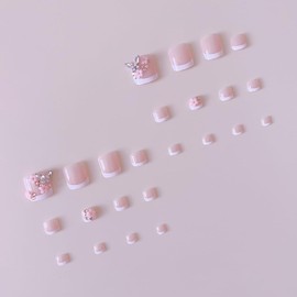 24Pcs White French Press on Toenails Short Square, ZIFANHU Summer Fake Toe Nails Press ons Nail Tip Full Cover Acrylic False Toenails Rhinestones Small Flower Design Glue Stick on Nails for Women