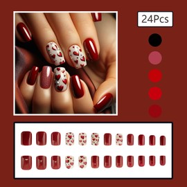 24 Pcs Valentine’s Day Press on Nails Short Medium Fake Nails with Glue Red Full Cover Nails Press ons Heart False Nails with Rhinestone Design Glitter Artificial Nails Stick on Nails for Women