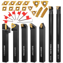 Lathe Turning Tool Kit, 7pcs 1/2'' Indexable Metal Lathe Tool Holders with 14pcs Carbide Inserts, for Turning, Boring, Grooving, Cutting & Threading, for Professionals & DIY Enthusiasts