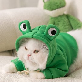 Richcatty Hoodies Funny Costume for Cat and Puppy Cute Frog Cosplay Clothes for Pets Soft Knitwear (Green Frog, L Pet Weight:8.8~12.1Lbs)