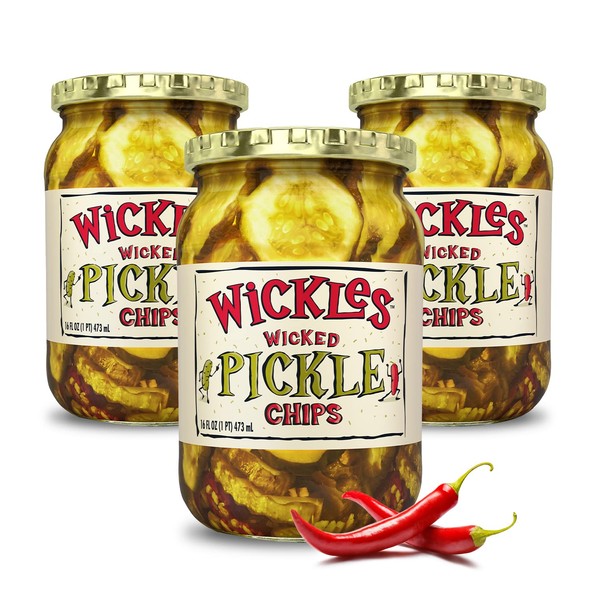 Wickles Pickles Wicked Pickle Chips (3 Pack) - Sweet & Spicy Garlic Pickle Slices - Hot Pickle Chips - Slightly Sweet, Definitely Spicy, Wickedly Delicious (16 oz Each)