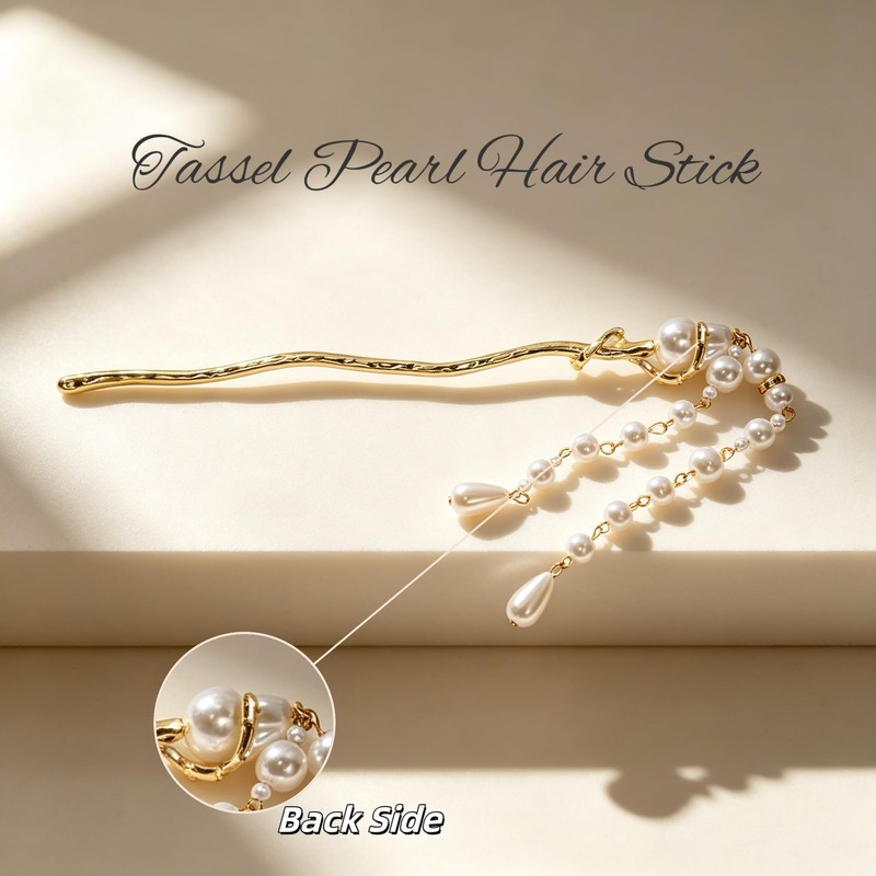 Vintage Pearl Tassel Hair Stick for Women, Branch Shape Gold