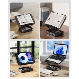 Adjustable Book Stand for Reading with Storage Drawer – 360° Rotating, Height Adjustable, Extra-Wide Page Clips for Thick Books – Portable Desk Book Holder for Study, Bed, Office, Kitchen,Black