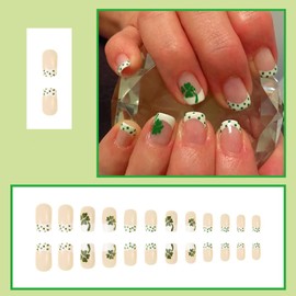 St. Patrick's Day Press on Nails French Tips Artificial Square Short Fake Nails with Green Clover Designs Shamrocks Glossy Full Cover Acrylic Reusable False Nails Glue Stick on Fingernails for Women