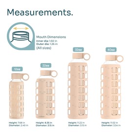 purifyou 40oz / 32oz / 22oz / 12oz Borosilicate Glass Water Bottle with Time & Volume Markers, Silicone Sleeve, Stainless Steel Lid | Reusable Glass Bottle for Water & Juice (22oz Hazelnut)