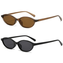 LJCZKA Retro Oval Cat Eye Sunglasses for Women 90s Trendy Small Face Sun Glasses Vintage Narrow Cateye Frame Shades Chic Cool Sunnies UV400 Protection (BlackBlack+DarkBrownBrown)