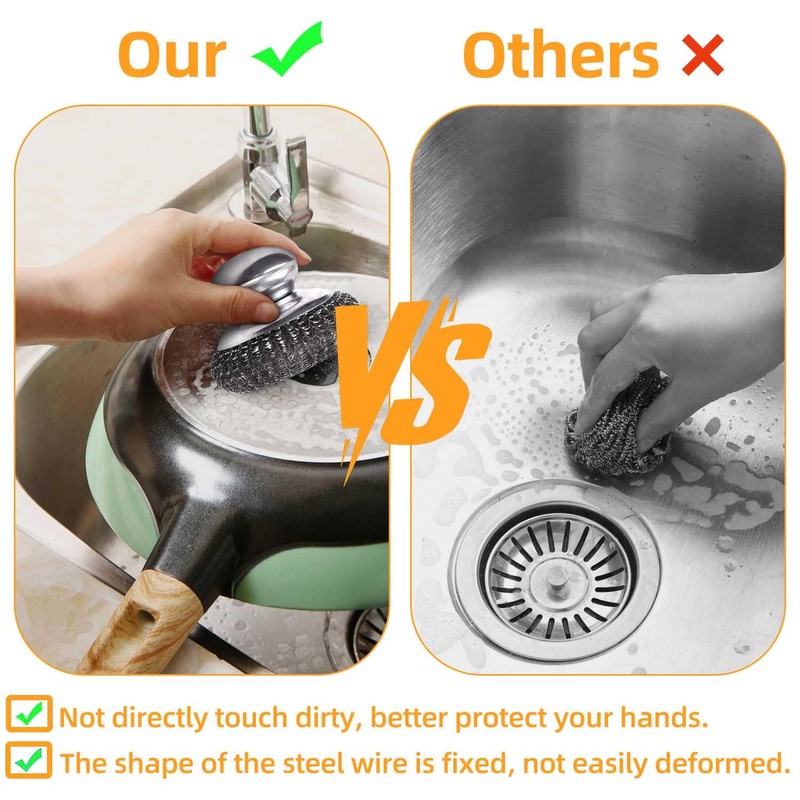 2 Pack Stainless Steel Wool Scrubber with Handle & 2