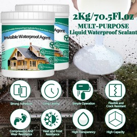 2Kg/70.5Fl.oz Invisible Waterproof Agent Indoor&Outdoor Waterproof Coating Set Transparent Liquid Sealant with Wooden Brush Resistant Work Gloves Putty Knife Cut Paint Roller