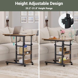 Besiost Height Adjustable End Table with Charging Station, Mobile C Shaped Laptop Side Table with Wheels, 3-Tier Sofa Couch Table with Storage Shelve for Living Room Bedroom, Rustic Brown