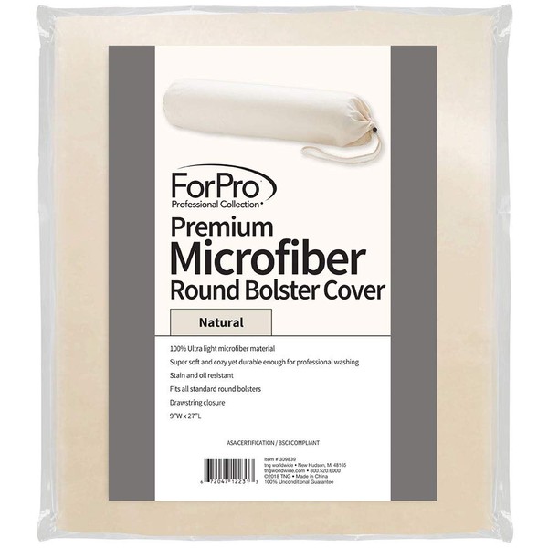 ForPro Professional Collection Premium Microfiber Bolster Cover, Natural, Stain & Oil Resistant, Fits All Standard Round Bolsters, 9” W x 27” L