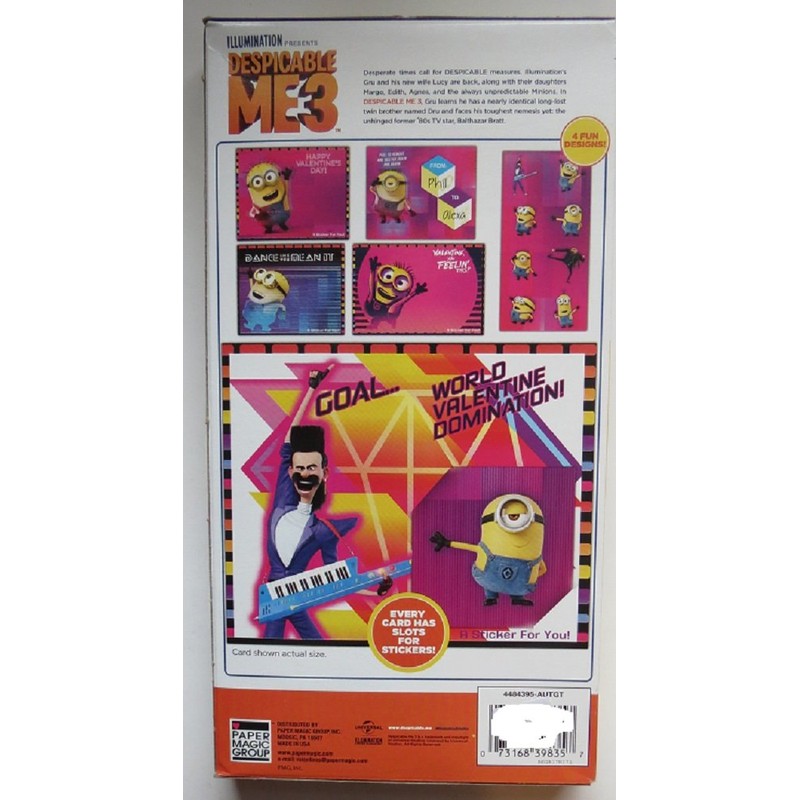 Despicable Me 3 - 16 Valentines with removable stickers classroom