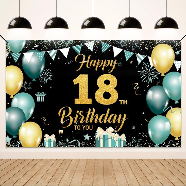 Koliphy 18 Years Birthday Decorations, Green Gold 18 Years Birthday Banner Background Decoration, Boy Girl 18 Years Birthday Wall Garden Decorations, 180 x 110 cm