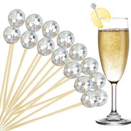 100Pcs Disco Ball Cocktail Pick,Silver Mirror Ball Decorative Toothpicks for Appetizers Bamboo Cocktail Skewers 4.7IN Disco Mirror Ball Drink Stirrers for Birthday Wedding 70sTheme Party Supplies