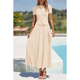 PRETTYGARDEN Women's 2 Piece Skirt Sets Summer Short Sleeve Button Up Knit Crop Top Flowy Maxi Skirts Travel Vacation Outfits (Beige,S)
