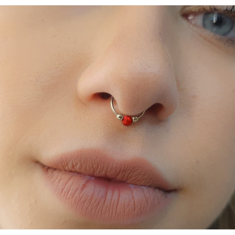 Red Opal Fake Septum Ring- Sterling Silver Faux Septum Hoop