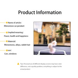 Bling Car Accessories for Women Men, Diamond Heart and Fuzzy Plush Ball, Rhinestones Diamond Car Rear View Mirror Ornaments, Lucky Hanging Pendant Interior Charm Decor for Car (White)