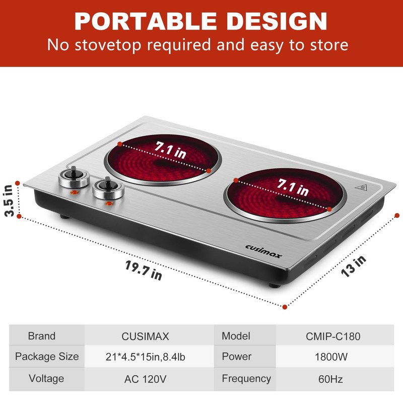 Hot Plate,Cusimax Dual Infrared Burner, Electric Ceramic Glass Stove,Adjustable Temperature