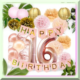 Zyvora Rose Gold Sweet 16 Party Pack - Confetti Balloons, Happy 16th Birthday Decoratio