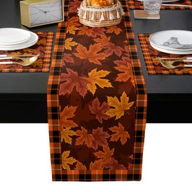 LaBLUUX Table Runner with Placemats Set of 6, Fall Maple Leaves Buffalo Orange Plaid Cotton Linen Table Mats Sets, Placemats with Matching Table Runner for Dining Table, Kitchen, 70” x 13”