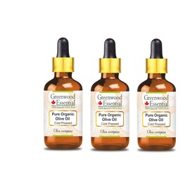 Greenwood Essential Pure Organic Olive Oil (Olea Europea) with Glass Dropper Natural Therapeutic Quality Cold Pressed (Pack of Three) 100 ml x 3 (10 oz)