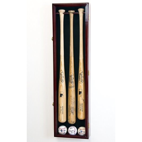 3 Baseball Bat Display Case Cabinet Holder Wall Rack w/UV Protection - Lockable -Cherry
