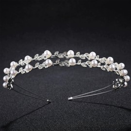Double layer Pearl Rhinestone Headband, Wedding Hair Accessories for Women, Shiny Hair Hoop Princess Tiara Girls Delicate Pageant Birthday Party Prom Wedding Bridal Headband