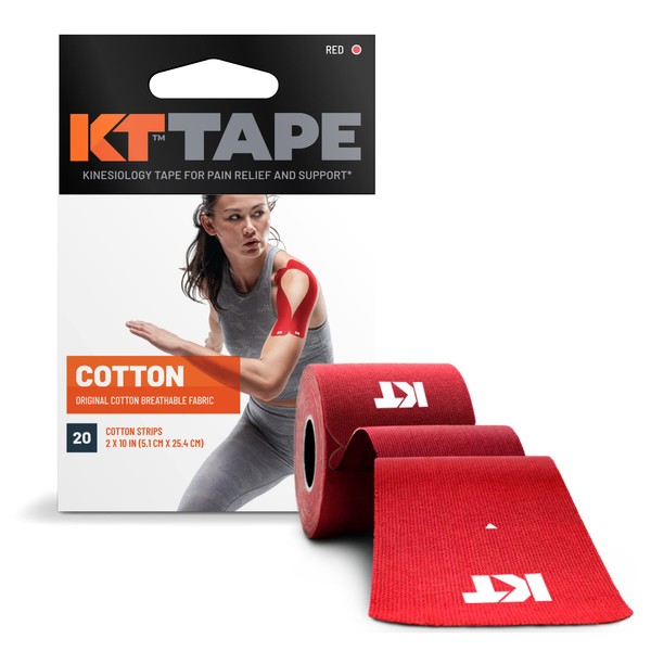 KT Tape, Original Cotton, Elastic Kinesiology Athletic Tape, 20 Count, 10” Precut Strips, Red