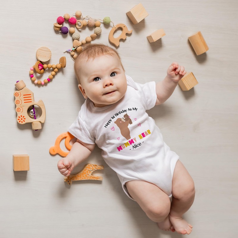 Purple Print House Custom Mummy Bear Birthday Babygrow Happy 1st