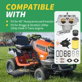 Rendrox YTH22V46 Carburetor Tune-Up Kits Compatible with 46" H-usqvarna 960450045 960430257 Tractor Manual Choke Briggs & Stratton 20Hp-25Hp Intek V-Twin Engine, Fuel Pump Oil Filter Spark Plugs Kit