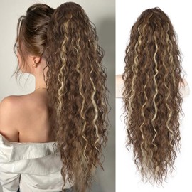 QGZ Claw Clip Ponytail Extension 30 inch Claw Clip in Ponytail Extensions for Women Long Wavy Curly Fluffy Pony Tails Hair Extensions Synthetic Hairpieces for Daily Party Use(Light Brown with Blonde)