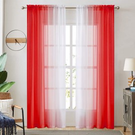 Ombre Faux Linen Sheer Curtains for Bedroom Living Room Rod Pocket, Privacy and Light Filtering, 2 Tone Reversible Gradient Voile Semi Window Curtains, Set of 2 Panels, Red, 54 x 84 Inch Length
