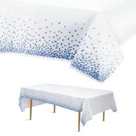 54x108'' Disposable Tablecloth Bulk for 8 Foot Rectangular Tables, Gold Polka Dot Tablecloths, Dining Table Cover Vinyl Waterproof, Reusable Table Cloth for Party, Wedding, Camping (Blue)