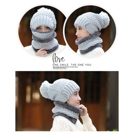 3 In 1 Women Knitted Hat Scarf Mask Set Combo Ladies Winter Warm Thicken Beanie Hat Balaclavas Pom Pom Hat Cap Earflap Neckwarmer Crochet Skull Cap for Outdoor Ski Snowboard Cycle