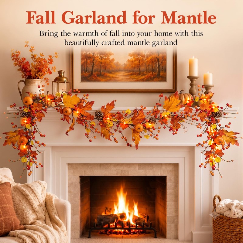 6 FT Fall Garland with 20 Lights & Timer, Pre-lit