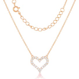 Sterling Silver 16" + 2" Extension CZ Small/Large Open Heart Necklace-Rose Gold Plated (Small)