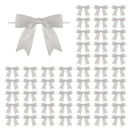 Meseey 50 Pcs 3 Inch Silver Ribbon Bows Craft Twist Tie Bow for Packages Gift Wrapping Crafts Wedding Favors Baby Shower Christmas Decor (3", Silver)