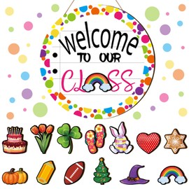 Ctosree Welcome to Our Class Back to School Door Sign Interchangeable Classroom Teacher Door Sign 12 x 12 Inch Wooden Door Hanger Seasonal Door Sign with 13 Pcs Interchangeable (Vintage)