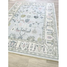 Cream Blue Oushak Rug, Modern Rugs, Vintage, Turkish, Eclectic, Floral, Pastel, Washable, Small Throw, Accent Area Rug for Living Room, Bedroom, Kitchen, Bathroom, 2'5"x4'9