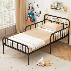 Giantex Metal Twin Bed Frames for Kids, Heavy Duty Metal Platform Bed Frame with Headboard & Safety Guardrails, Modern Toddler Bed with Slat Support for Girls Boys, No Box Spring Needed (Black)