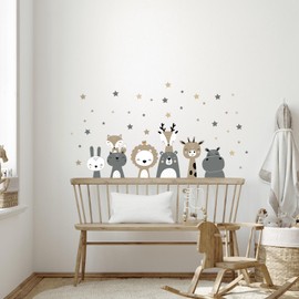 Tanlaby Cartoon Jungle Animal Wall Stickers, Nordic Boho Grey Brown Woodland Fox Lion Giraffe Wall Decals, Wall Art Sticker for Nursery Bedroom Playroom Living Room Wall Decor