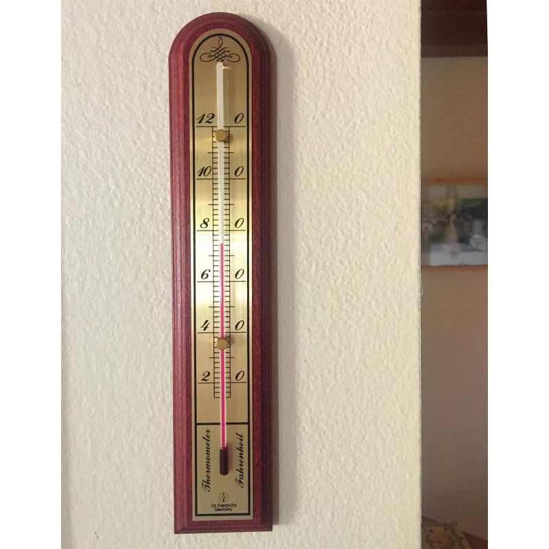 Hokco Analog Wall Thermometer Wood Mahogany Finish Brass Fahrenheit Scale
