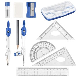 Pack of 10 Compass for Geometry Math Geometry Kit, Geometry Compass Set, Including Set Square, Lead Refills, Pencil, Eraser Sharpener for School Mathematics (Blue)