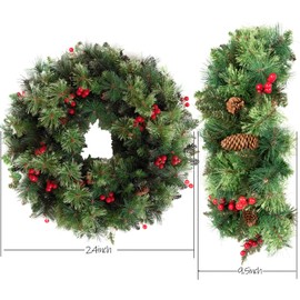 Senjie Artificial Christmas Wreath with Pine Cones and Red Berries,24 Inch Xms Decorations Unlit