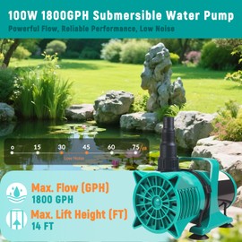 Shcazhcx 100W 1800GPH Outdoor Pond Pump, Ultra Quiet Fountain Pump with 20FT Power Cord and Multiple-hose Adapters for Koi Pond, Waterfall, Fountain, and Aquarium, Waterfall Pump, UL Listed