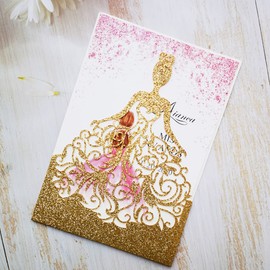 FASTERCY 20PCS Gold Laser Cut Wedding Invitations Cards For Birthday Sweet 15 Quinceañera Party Invites Wedding Bridal Shower Engagement (Gold Glitter)