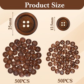 100Pcs Brown Color Wooden Buttons, 1/2 Inch and 1 Inch 4 Hole Round Wood Sewing Button DIY Crafts Wood Button for Sewing DIY Craft Clothing, Brown
