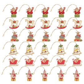 Qchomee 30Pcs Wood Ornaments for Christmas Tree Hanging Bauble Pendant Santa Reindeer Snowman Horse Hanging Bauble for DIY Crafts Christmas Xmas Decor, 30pcs Beige