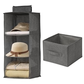 FALSKT Wardrobe Hanging Storage with Removable Drawer 3 Shelves Hanging Closet Storage Organizers Foldable Hanging Storage for Closet Living Room Bedroom, 11x11x24inch(Grey)